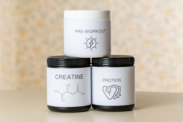 Protein powder, creatine, pre-workout.