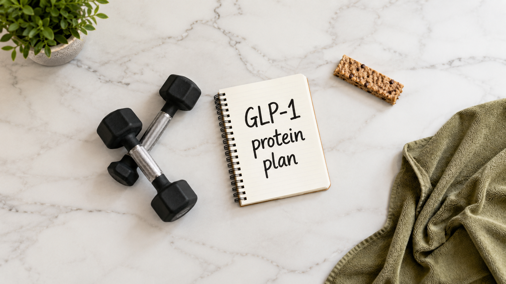 Dumbbells and a notebook labeled GLP-1 protein plan for reducing GLP-1 muscle loss with protein and strength training.