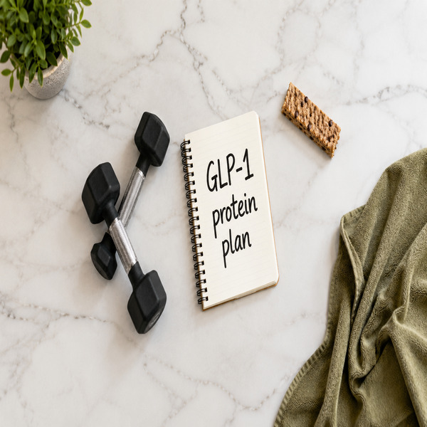 Dumbbells and a notebook labeled GLP-1 protein plan for reducing GLP-1 muscle loss with protein and strength training.